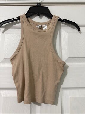Divided Ribbed High Neck Crop Tank - Beige
